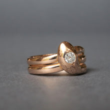 Load image into Gallery viewer, Antique coiled snake ring with OEC diamond in 14ct rose gold