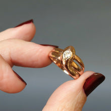 Load image into Gallery viewer, Antique snake ring. Antique snake band. Wide snake ring. Coiled snake ring. Antique serpent ring. Antique serpent band. Antique diamond snake ring. Diamond snake ring. Scaled snake ring. Engraved snake ring. Snake ring with scales.