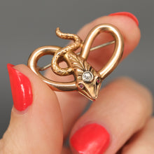 Load image into Gallery viewer, antique Victorian snake serpent brooch pin 15ct 15k gold diamond spinel acanthus coiled scales vintage jewelry jewellery