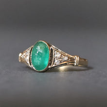 Load image into Gallery viewer, Vintage emerald cabochon ring with diamonds in 14ct gold