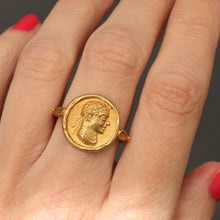 Load image into Gallery viewer, Ancient Greek coin ring. Antique ring. Vintage ring. Agathocles of Bactria. King Agathocles. Zeus holding Greek Goddess Hecate in his hand. Ancient Greek coin. Ancient coin gold ring. Ancient coin ring in 18ct gold. Ancient coin ring in 18k gold.