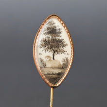 Load image into Gallery viewer, Georgian navette mourning pin. Sepia. BL. initials. Lamb under tree. Lamb of God.. Tie pin. Pendant. Conversion. Antique jewelry. Antique jewelry. 14ct gold 14k.