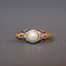 Load image into Gallery viewer, Antique enamel ring. Blue enamel ring. Victorian enamel ring. Antique pearl ring with blue enamel. Victorian pearl ring with blue enamel. Antique pinky ring. Victorian pinky ring. Antique Swedish ring.