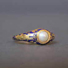 Load image into Gallery viewer, Antique Victorian era blue enamel pinky ring with pearl in 18ct gold