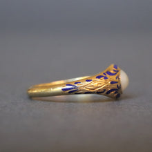 Load image into Gallery viewer, Antique Victorian era blue enamel pinky ring with pearl in 18ct gold