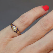 Load image into Gallery viewer, Antique Victorian era blue enamel pinky ring with pearl in 18ct gold