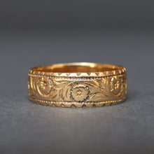Load image into Gallery viewer, Antique Victorian wedding band with floral engraving in 18ct gold