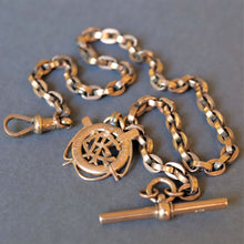 Load image into Gallery viewer, Antique oval link watch chain in 9ct gold with fob (12.8"/32.5cm)
