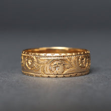 Load image into Gallery viewer, Antique Victorian wedding band with floral engraving in 18ct gold