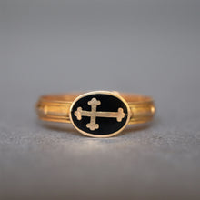 Load image into Gallery viewer, Antique French ring. Antique rosary ring. Rosary ring. Crucifix ring. Cross ring. Black enamel ring. French ring. 18ct gold. 18k gold.