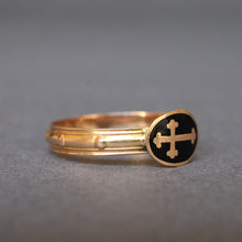 Load image into Gallery viewer, Antique French rosary ring with enamel cross appliqué in 18ct gold