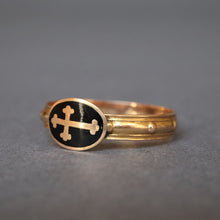 Load image into Gallery viewer, Antique French rosary ring with enamel cross appliqué in 18ct gold