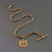 Load image into Gallery viewer, oval link chain link t-bar fob short choker gold dog clip solid antique albert vintage jewelry jewellery watch chain 9ct 9k nautical