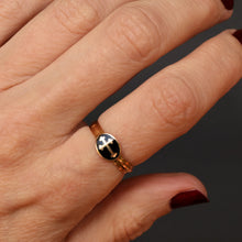 Load image into Gallery viewer, Antique French ring. Antique rosary ring. Rosary ring. Crucifix ring. Cross ring. Black enamel ring. French ring. 18ct gold. 18k gold.