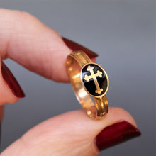 Load image into Gallery viewer, Antique French rosary ring with enamel cross appliqué in 18ct gold