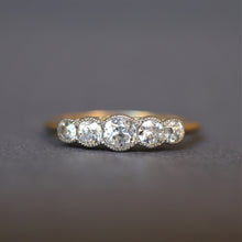 Load image into Gallery viewer, Antique five stone diamond ring. Antique diamond ring. Edwardian diamond ring. Antique diamond engagement ring. Edwardian engagement ring. Millegrain setting. Platinum setting. Old European cut diamond ring. Antique old cut diamond ring. Old cut diamond ring.