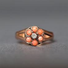 Load image into Gallery viewer, Antique coral ring. Antique cluster ring. Antique coral ring. Antique daisy ring. Antique flower ring. Antique Victorian ring. Coral flower ring. Coral daisy ring. Coral cluster ring. Diamond daisy ring. Diamond cluster ring. Diamond flower ring.
