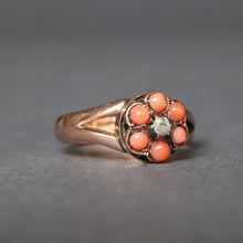 Load image into Gallery viewer, Antique Victorian coral & diamond cluster daisy ring in 9ct gold