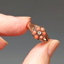 Load image into Gallery viewer, Antique coral ring. Antique cluster ring. Antique coral ring. Antique daisy ring. Antique flower ring. Antique Victorian ring. Coral flower ring. Coral daisy ring. Coral cluster ring. Diamond daisy ring. Diamond cluster ring. Diamond flower ring.