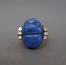 Load image into Gallery viewer, Scarab ring. Ancient scarab ring. Lapis lazuli scarab. Blue scarab ring. Scarab and diamond ring. Ancient Egyptian ring. Vintage Egyptian ring. Egyptian ring. Egyptian scarab ring. Lapis lazuli and diamond ring.