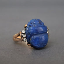 Load image into Gallery viewer, Vintage lapis lazuli scarab ring with diamonds in 14ct gold