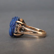 Load image into Gallery viewer, Vintage lapis lazuli scarab ring with diamonds in 14ct gold
