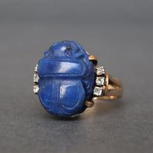 Load image into Gallery viewer, Vintage lapis lazuli scarab ring with diamonds in 14ct gold