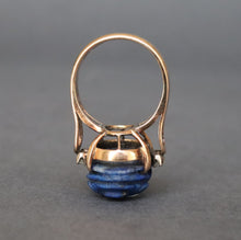 Load image into Gallery viewer, Vintage lapis lazuli scarab ring with diamonds in 14ct gold