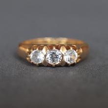 Load image into Gallery viewer, vintage 1930s topaz white sapphire ring stacking band 18k 18ct gold trilogy three stone jewellery jewelry