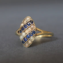 Load image into Gallery viewer, Antique Edwardian era sapphire & pearl navette ring in 14ct gold