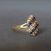 Load image into Gallery viewer, Antique Edwardian era sapphire & pearl navette ring in 14ct gold