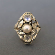 Load image into Gallery viewer, antique pearl moonstone ring 14ct 14k white yellow gold art nouveau blue schiller floral