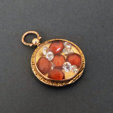 Load image into Gallery viewer, antique edwardian locket 9ct 9k gold garnet sapphire white shaker gems vintage jewelry jewellery chased chasing engine turned hessionite