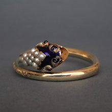 Load image into Gallery viewer, Antique Victorian era pearl, garnet & enamel snake bangle in 14ct gold