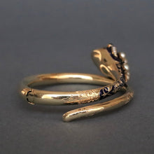 Load image into Gallery viewer, Antique Victorian era pearl, garnet & enamel snake bangle in 14ct gold
