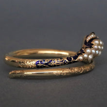 Load image into Gallery viewer, Antique Victorian era pearl, garnet & enamel snake bangle in 14ct gold