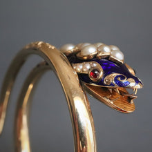 Load image into Gallery viewer, antique Victorian pearl garnet enamel snake serpent bangle bracelet 14ct 14k gold vintage jewelry jewellery blue