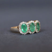 Load image into Gallery viewer, Antique Edwardian era emerald & diamond trilogy ring in 9ct gold