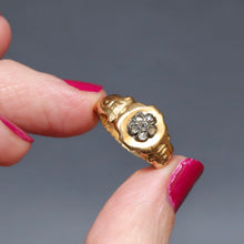 Load image into Gallery viewer, Antique Victorian era mourning memorial ring with pansy motif in rose cut diamonds and 18ct yellow gold. In memory of ring.
