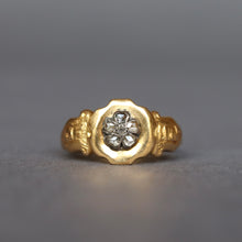 Load image into Gallery viewer, Antique Victorian era mourning memorial ring with pansy motif in rose cut diamonds and 18ct yellow gold. In memory of ring.
