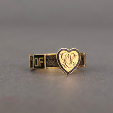 Load image into Gallery viewer, An antique gold mourning ring with a heart-shaped face engraved with a monogram CS and a band featuring black enamel sections with the words ‘In Memory Of’ and hairwork.
