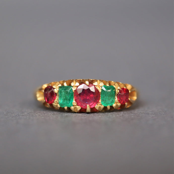 Antique emerald and spinel ring. Victorian emerald and spinel ring. Antique five stone ring. Victorian five stone ring. Emerald stacking ring. Antique emerald stacking ring. Antique stacking band. Emerald stacking band.