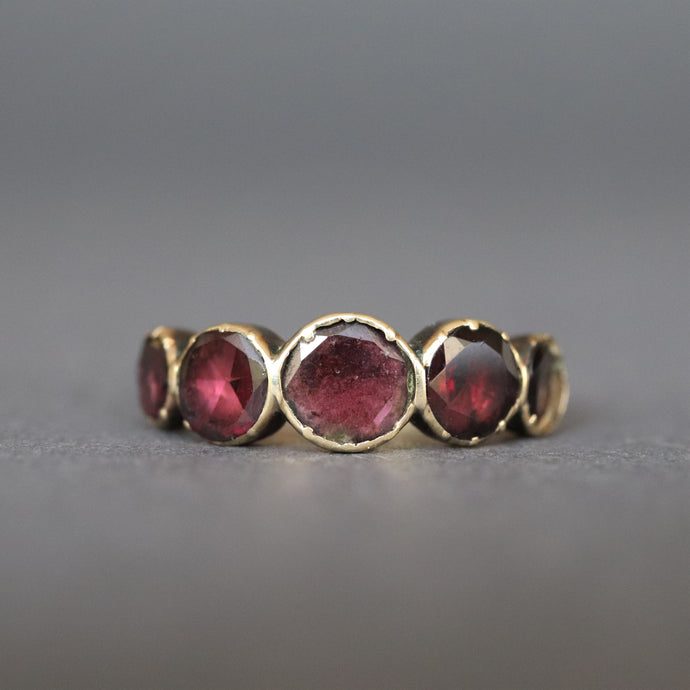 Georgian ring. Flat cut garnet. Flat cut garnet ring. Georgian flat cut garnet ring. Georgian garnet ring. Georgian garnet band. Antique garnet ring. Antique garnet band. Antique flat cut garnet ring. Antique flat cut garnet band. Five stone ring. Five stone band. Five stone garnet ring. Five stone garnet band. Foil back garnets. Foil back ring. Stacking band. Stacking ring. Garnet stacking band. Garnet stacking ring. Antique stacking ring. Antique stacking band.