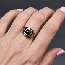 Load image into Gallery viewer, Antique Georgian era garnet ring with enamel in 9ct gold

