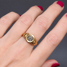 Load image into Gallery viewer, Antique Victorian era mourning memorial ring with pansy motif in rose cut diamonds and 18ct yellow gold. In memory of ring.
