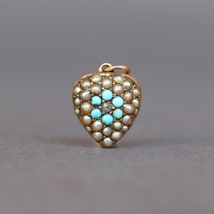 Antique Victorian era puffy heart pendant locket charm with seed pearls, turquoise and a diamond in 9ct rose gold. Forget-me-not motif for love and rememberance. Valentine's Day anniversary gift jewellery jewelry.