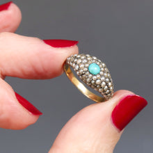 Load image into Gallery viewer, Antique Victorian era cluster ring with seed pearls and cabochon cut blue turquoise to a 14ct yellow gold band with a domed profile.
