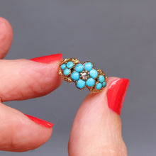 Load image into Gallery viewer, Antique Victorian era mourning ring with turquoise and diamond in a forget-me-not design. Pinky ring.
