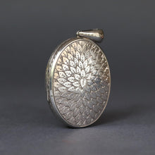 Load image into Gallery viewer, Large antique Victorian era oval shaped locket with leaf design and monogram CM or MC in sterling silver.
