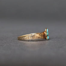 Load image into Gallery viewer, Antique Victorian turquoise pinky ring with pansy motif in 9ct gold
